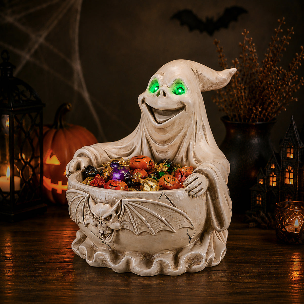 Ghost Candy Bowl Figurine with LED Light, Spooky Halloween P - view 3