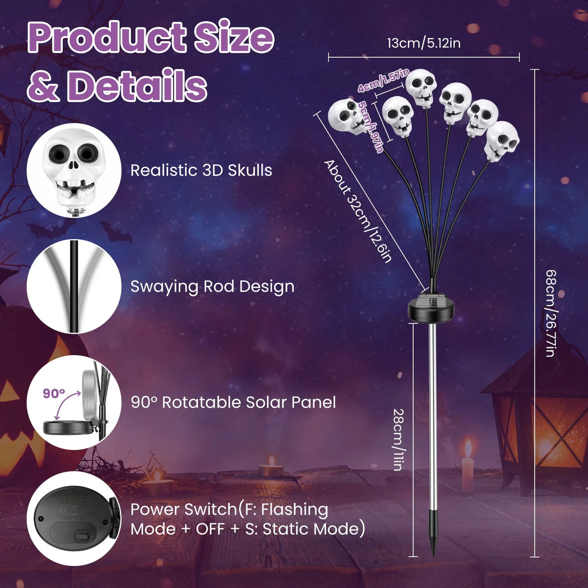 Solar Skull Stake Lights 4-Pack, 6 Glowing Skulls Each, Outd - view 1