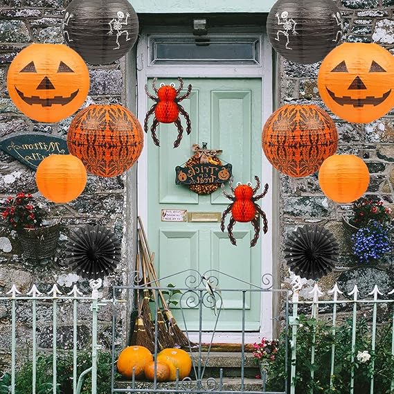 Halloween Paper Lanterns 12-Pack, Jack-o-Lantern, Spider and - view 5