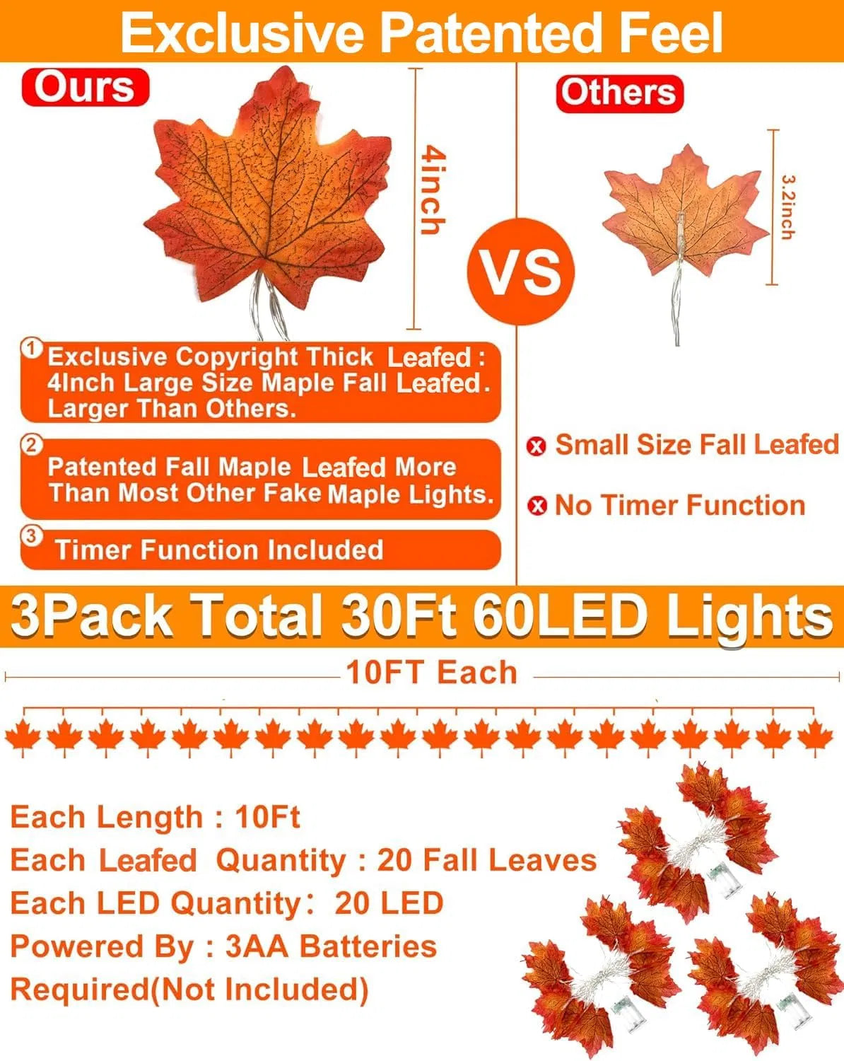 Fall Leaf Garland Lights 3-Pack with Timer, 30 ft 60 LED Aut - view 1