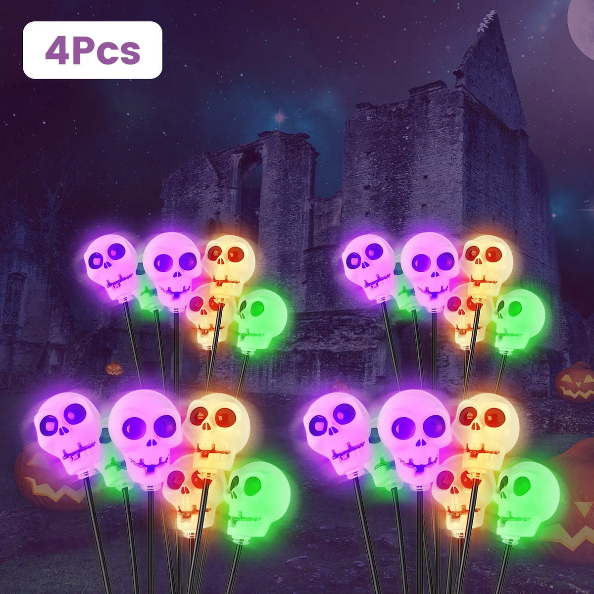 Solar Skull Stake Lights 4-Pack, 6 Glowing Skulls Each, Outd - view 5