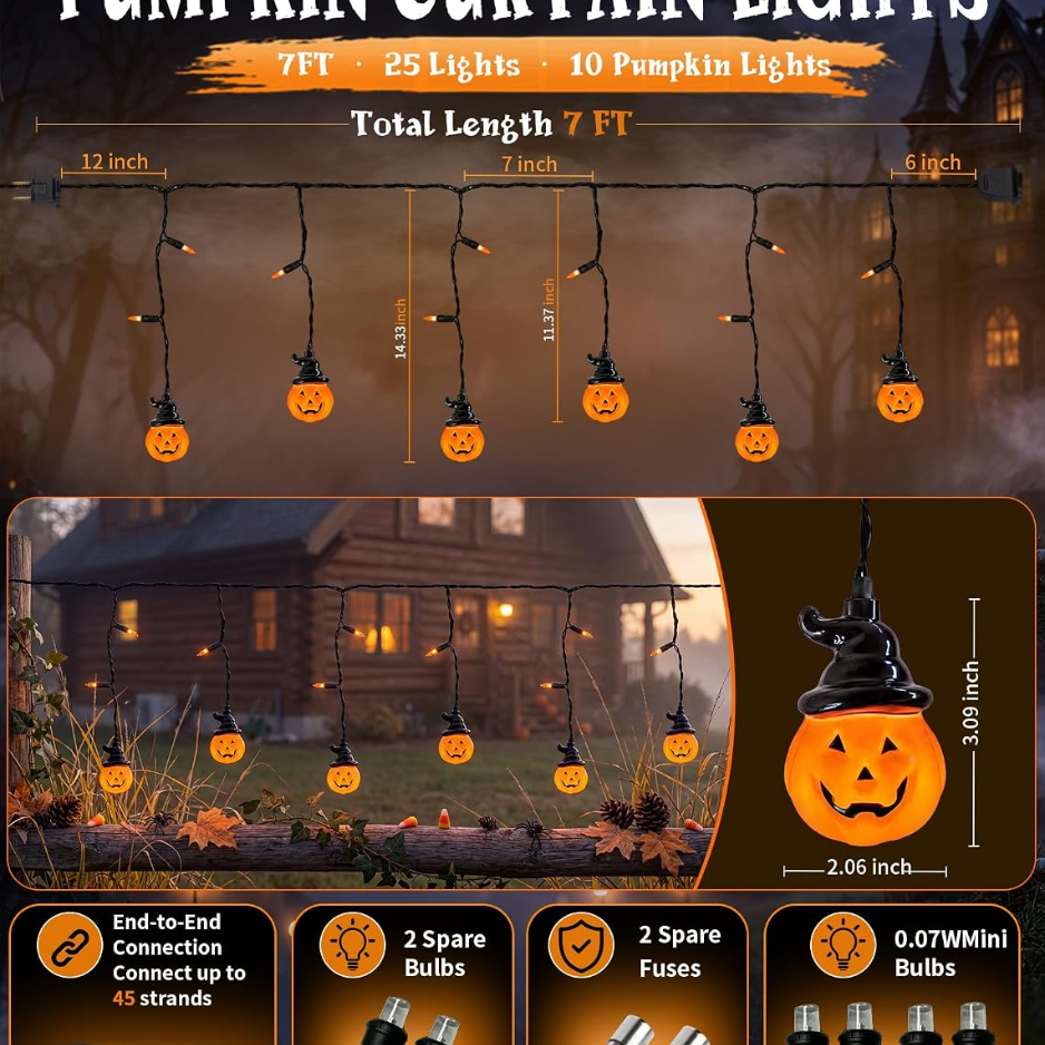 Pumpkin Curtain String Lights 25 LED, Plug-In Halloween Wind - view 2