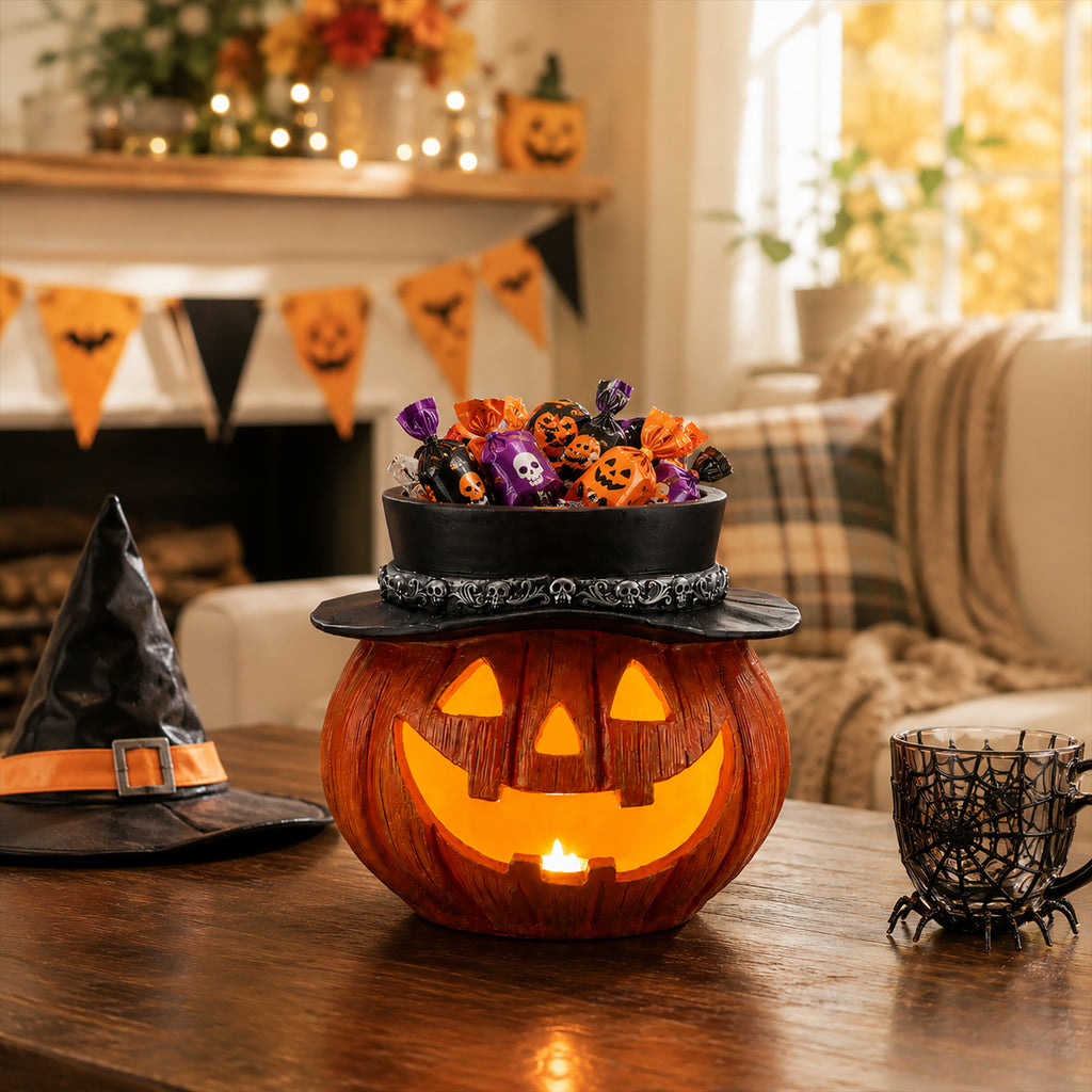 Light-Up Pumpkin Candy Bowl with Witch Hat, Halloween Tablet - view 1