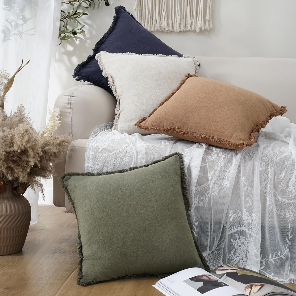 Linen Fringe Throw Pillow Cover 18x18 in, Olive Green Accent - view 2