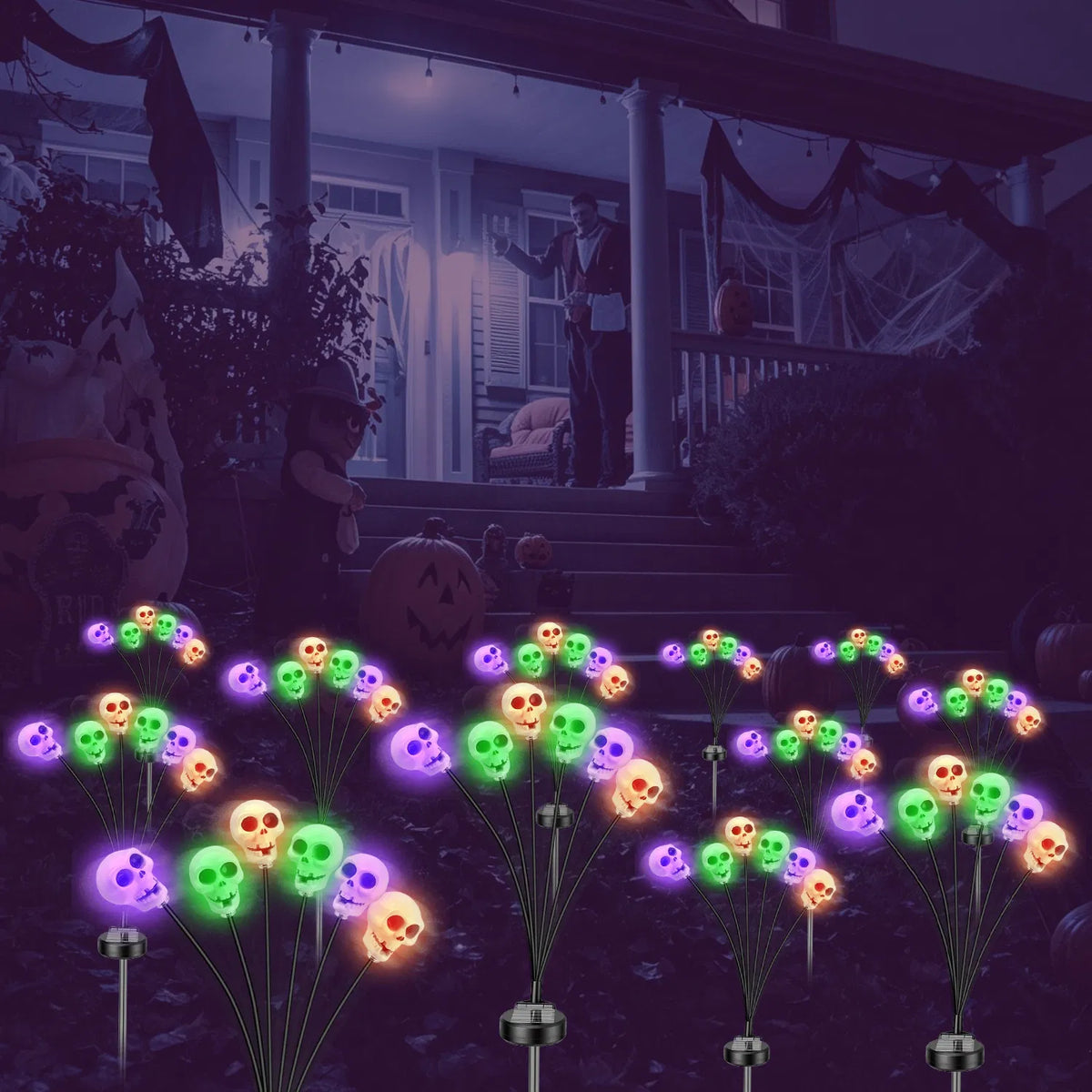 Solar Skull Stake Lights 4-Pack, 6 Glowing Skulls Each, Outd - view 2