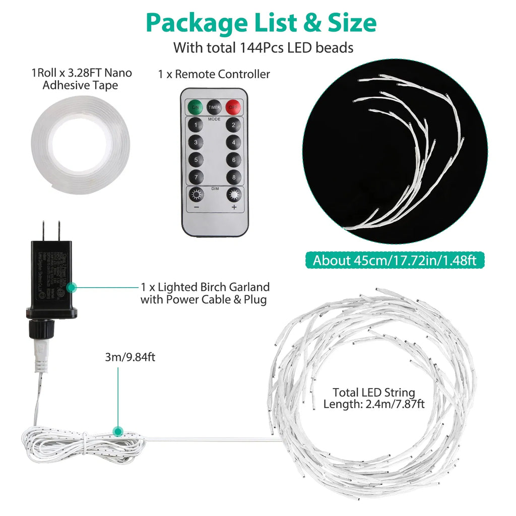 Lighted Birch Garland 7.9 ft 144 LED with Remote and Timer,  - view 7