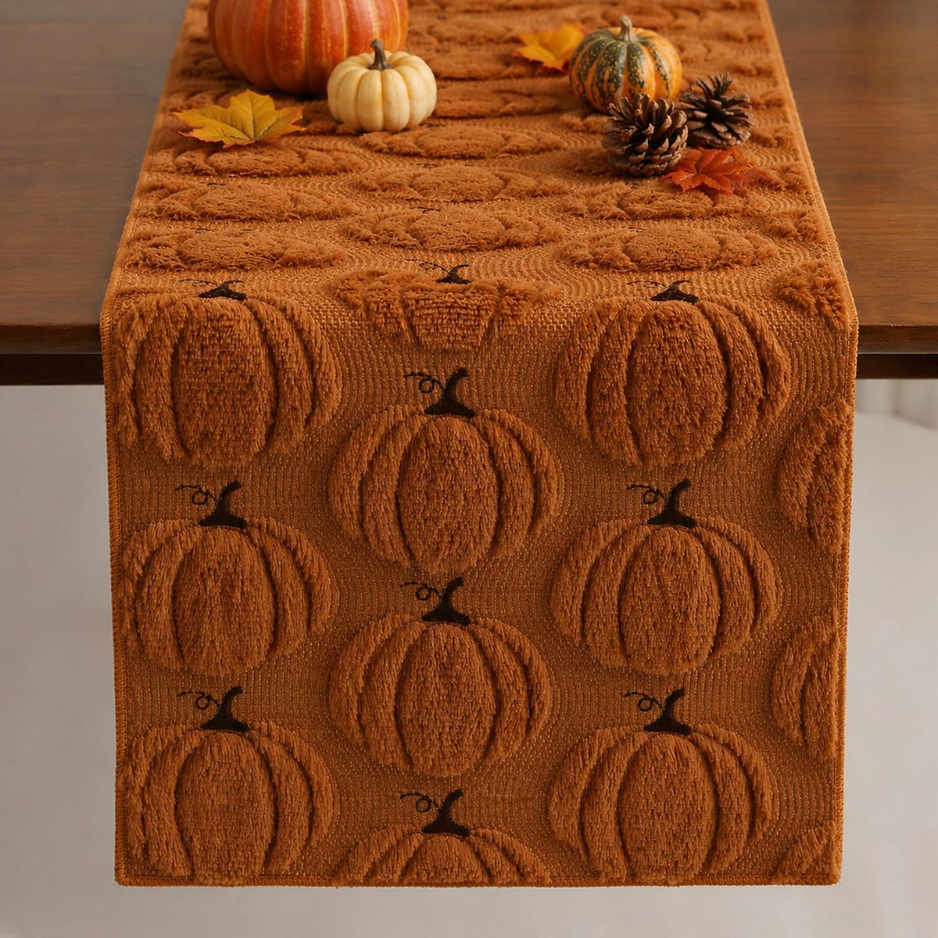 Plush Faux Fur Pumpkin Table Runner 13x72 in, Rust Fall Tabl - view 1