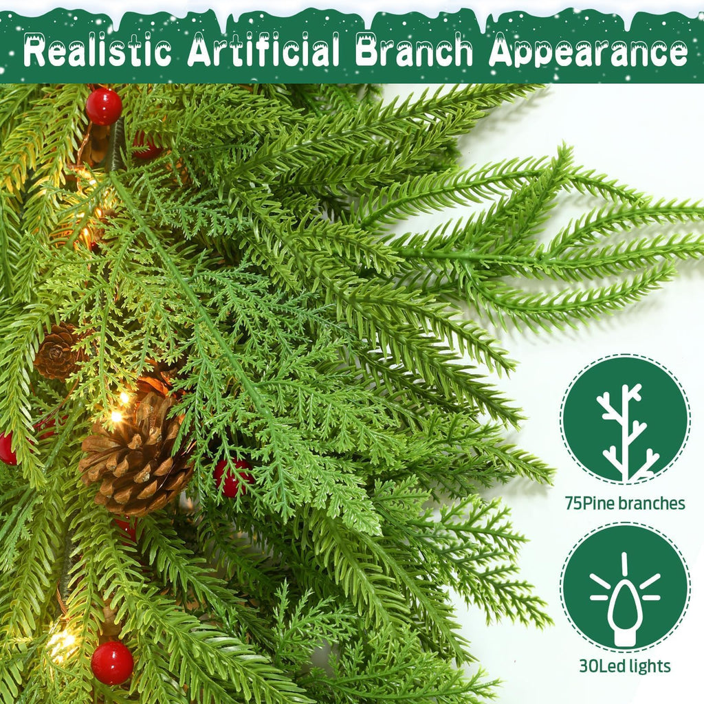 Lighted Norfolk Pine Garland 9 ft with Pinecones, Berries an - view 1