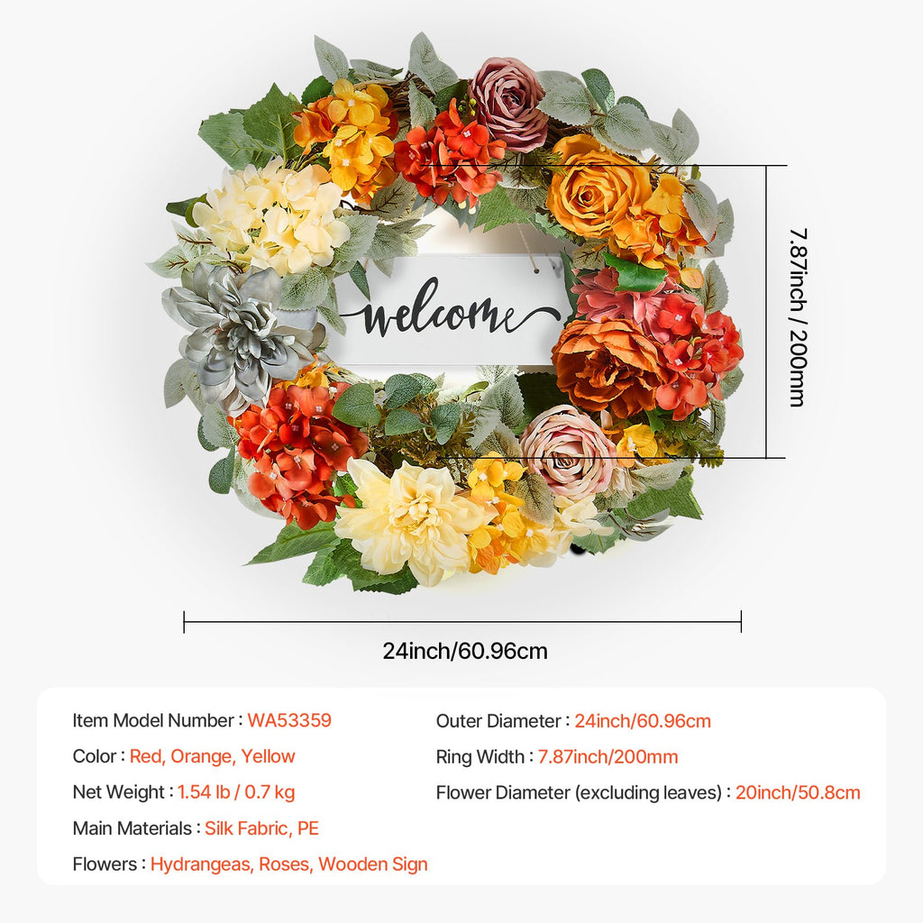 Hydrangea and Rose Wreath 24 in, Red, Orange and Yellow Fron - view 4