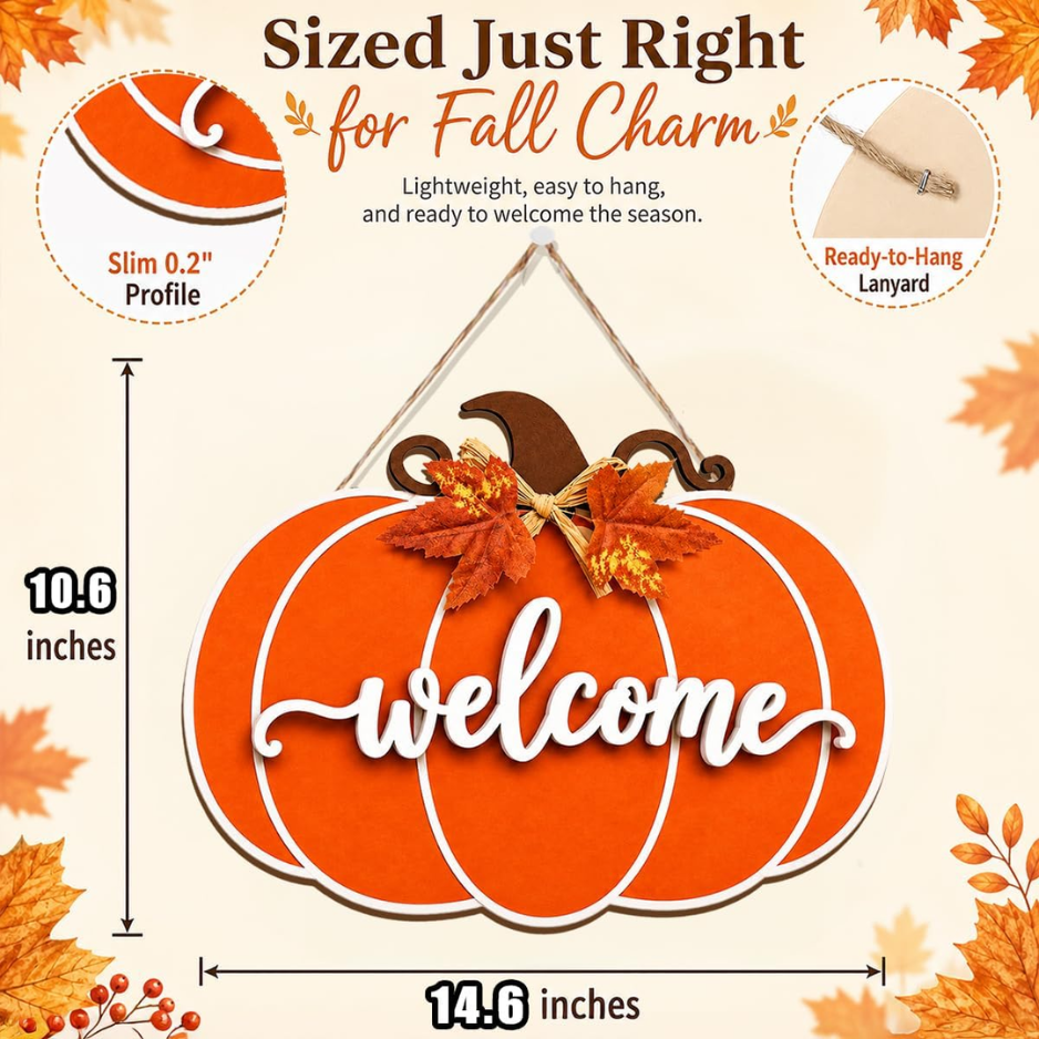 Wooden Pumpkin Door Hanger, Fall Welcome Sign for Front Door - view 1