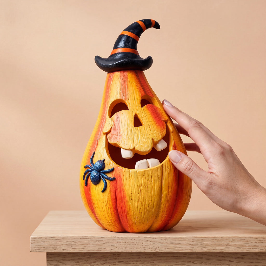 Light-Up Resin Pumpkin with Witch Hat and Spider, Halloween  - view 4