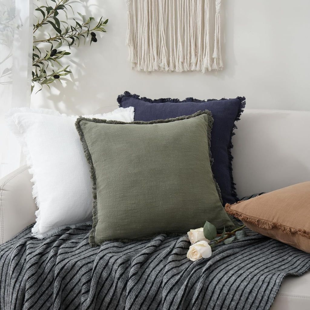 Linen Fringe Throw Pillow Cover 18x18 in, Olive Green Accent - view 3