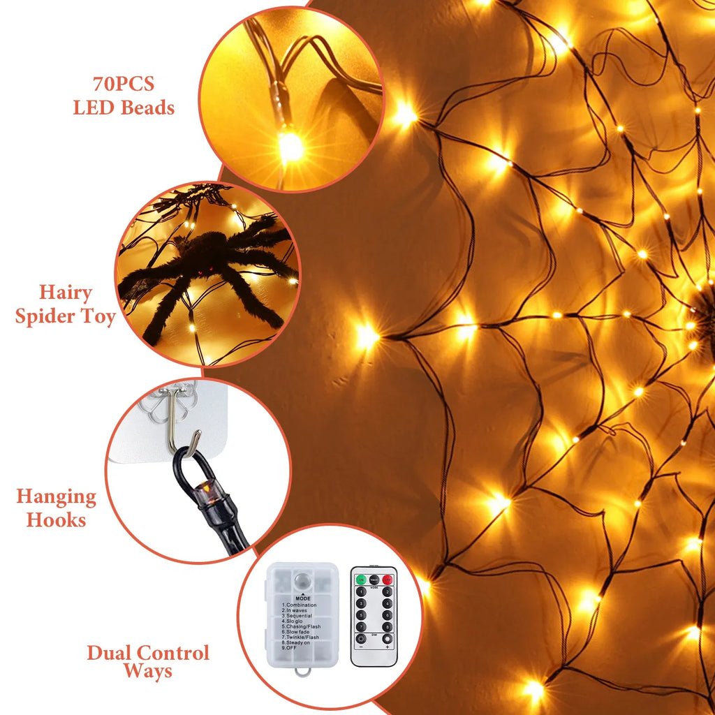 Halloween Spider Web Light 3.28 ft, 70 LED with Furry Spider - view 7