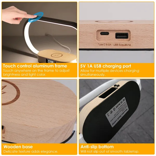 Touch Bedside Lamp with Clock and Wireless Charger, Dimmable - view 2