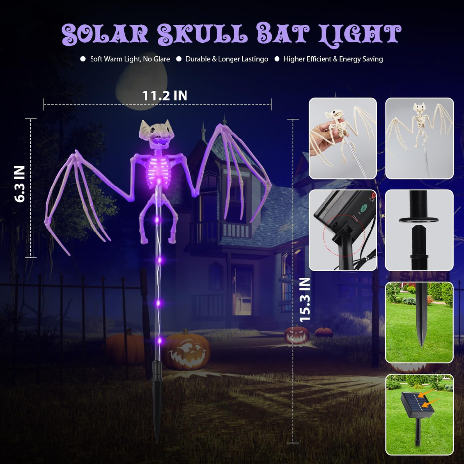 Solar Skeleton and Bat Garden Stake Lights 2-Pack, Outdoor H - view 3
