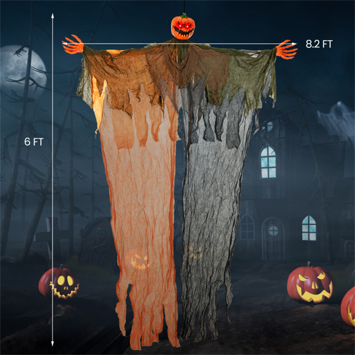 6 ft Hanging Pumpkin Ghost with Red LED Eyes and Poseable Ar - view 3
