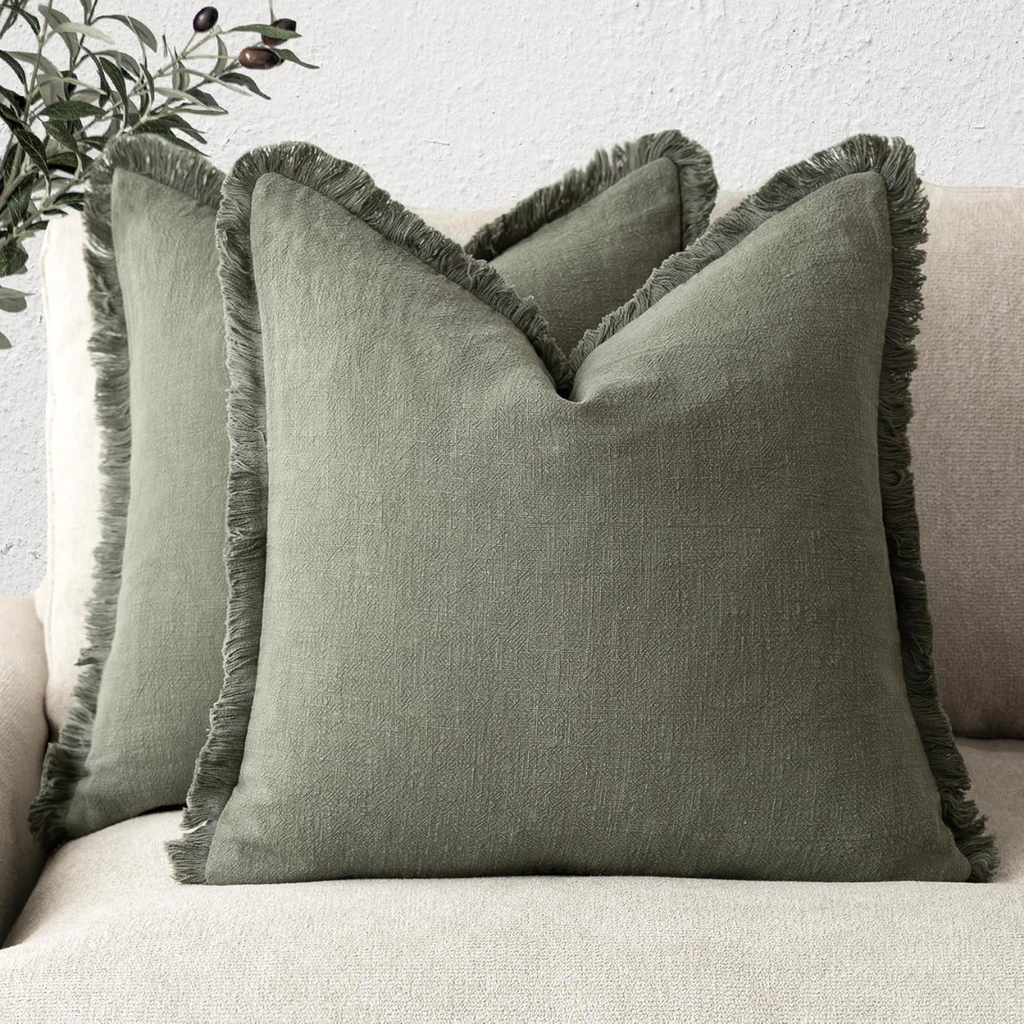 Linen Fringe Throw Pillow Cover 18x18 in, Olive Green Accent - view 6