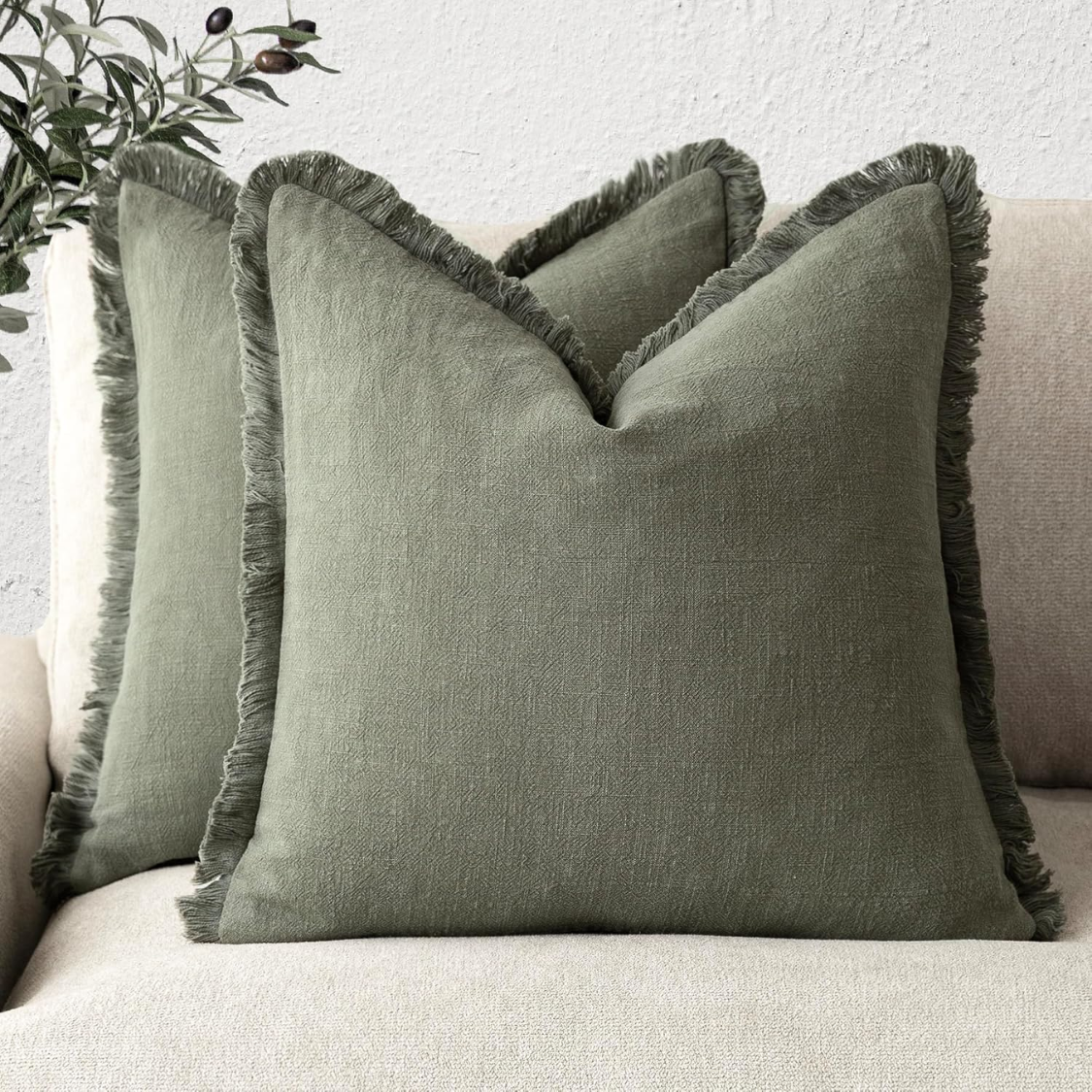 Linen Fringe Throw Pillow Cover 18x18 in, Olive Green Accent - view 6