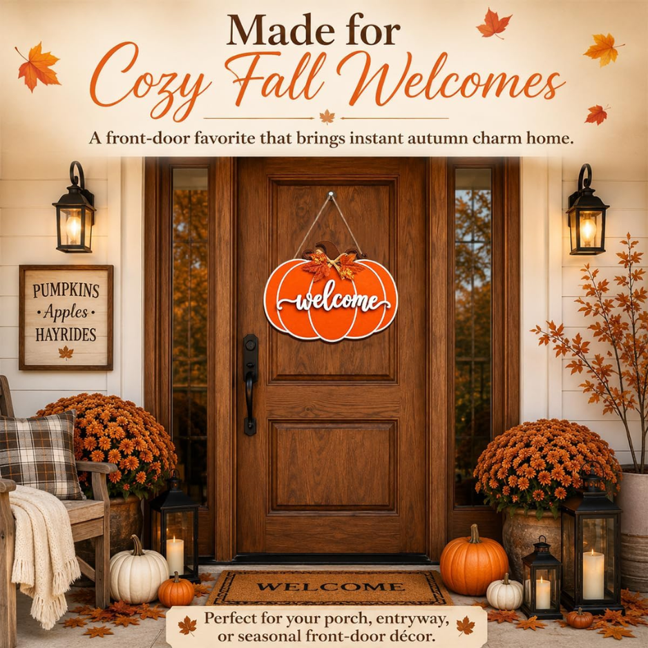 Wooden Pumpkin Door Hanger, Fall Welcome Sign for Front Door - view 3