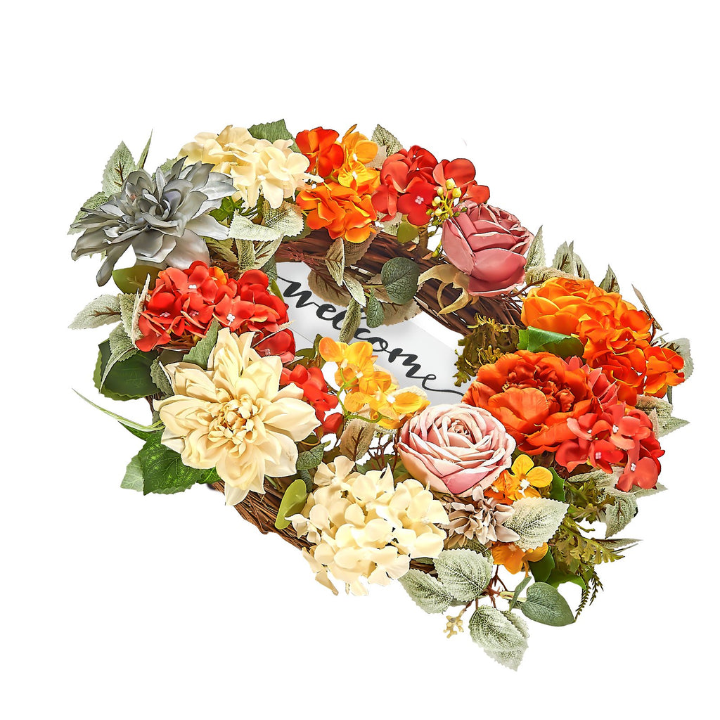 Hydrangea and Rose Wreath 24 in, Red, Orange and Yellow Fron - view 2
