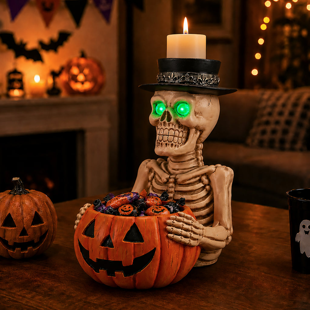 Light-Up Skeleton Figurine with Pumpkin Candy Bowl and Candl - view 3