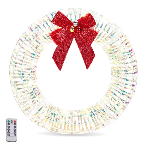 Pre-Lit Iridescent Metal Christmas Wreath 24 in with Red Bow - view 1