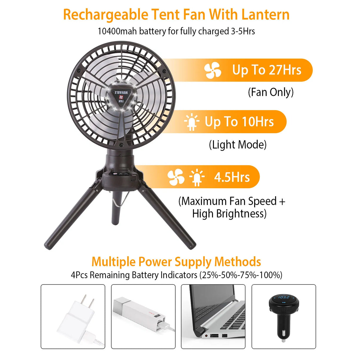 Rechargeable Camping Fan with LED Light, 10400mAh, Foldable  - view 7