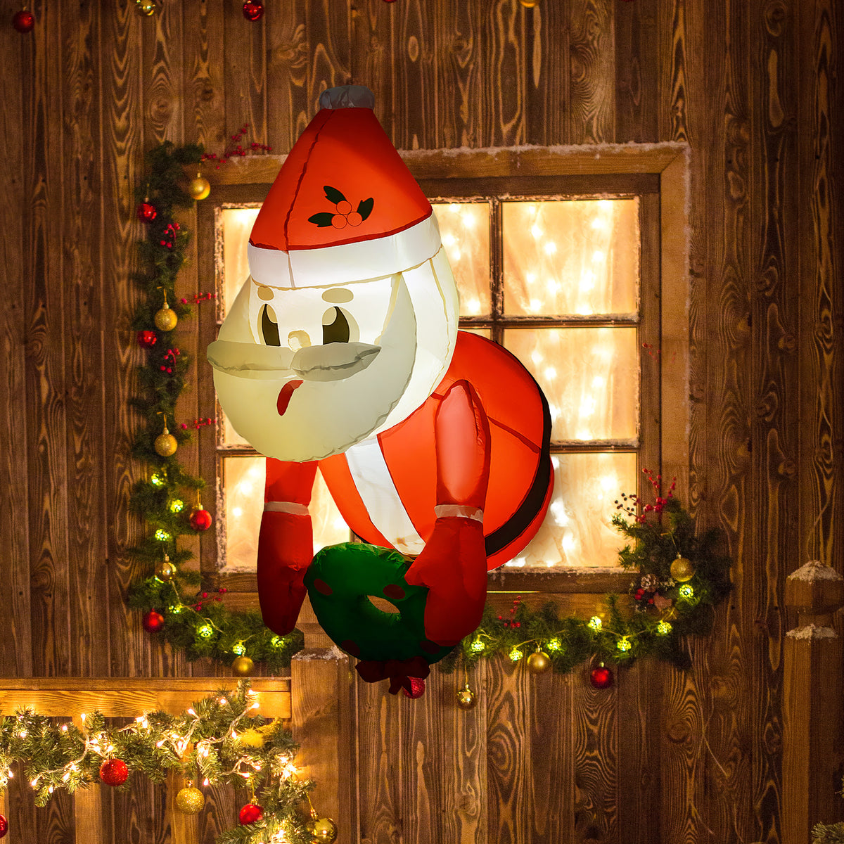 Inflatable Santa Holding Wreath with LED Lights, Hanging Chr - view 6