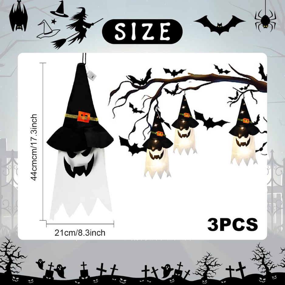 Glowing Hanging Ghosts with Witch Hats 3-Pack, Lighted Hallo - view 4