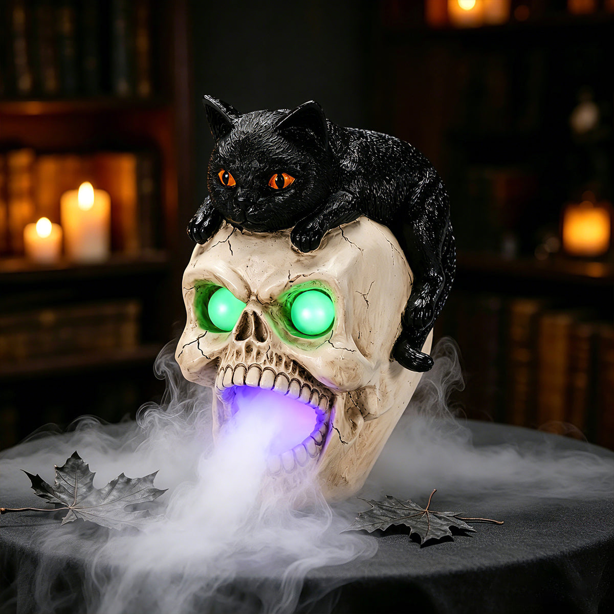 Black Cat Skull Statue with LED Light and Fog Mist Effect, H - view 3