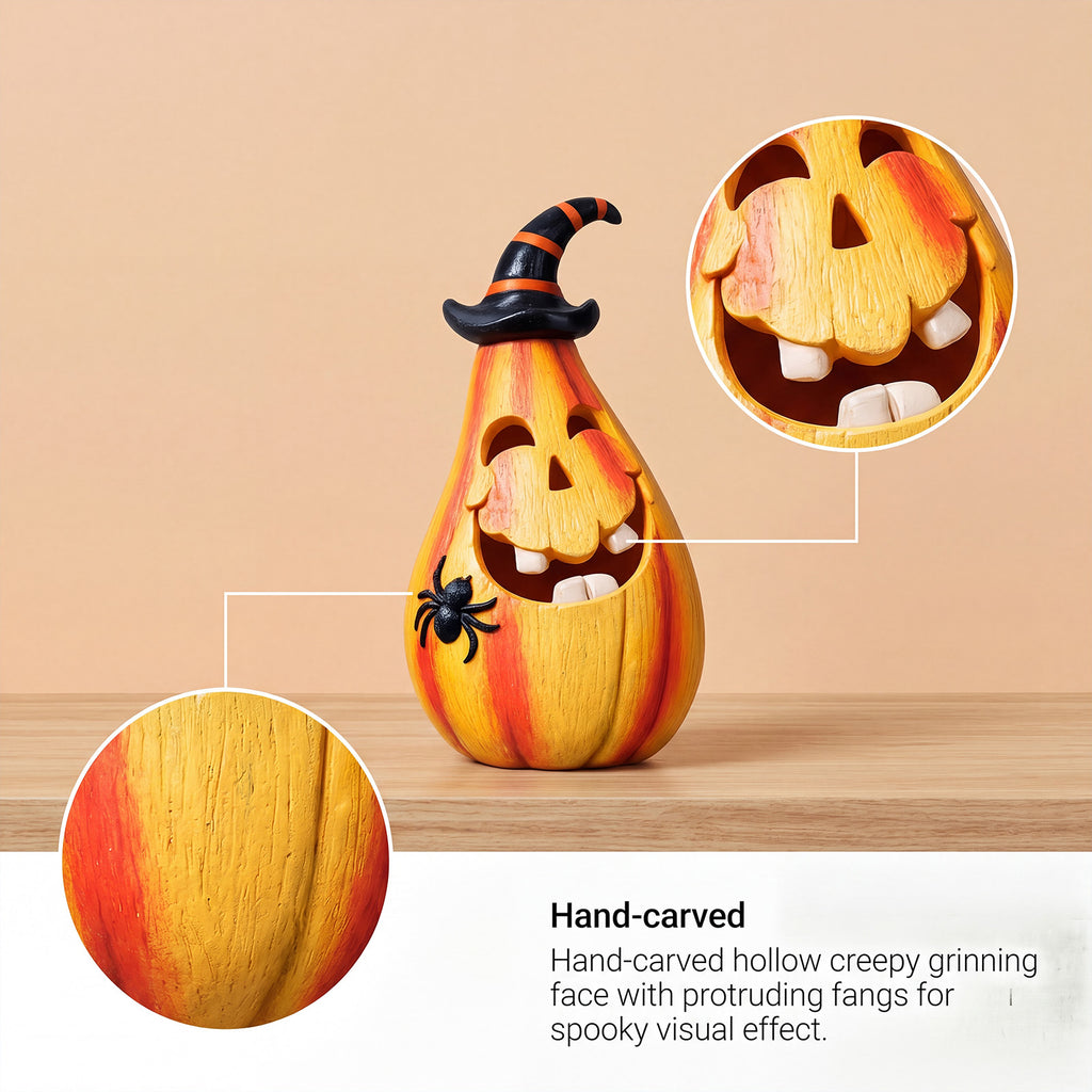 Light-Up Resin Pumpkin with Witch Hat and Spider, Halloween  - view 2