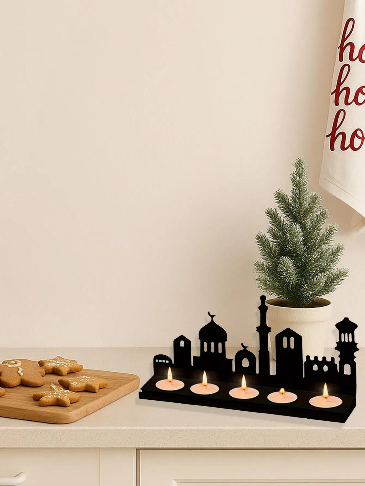 Vintage Metal Candle Lantern with City Skyline Cutouts, Tabl - view 1