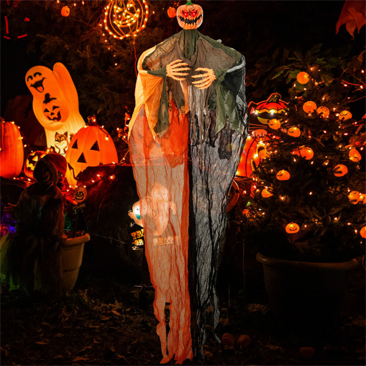6 ft Hanging Pumpkin Ghost with Red LED Eyes and Poseable Ar - view 5