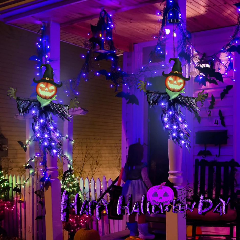 Solar Hanging Pumpkin Lantern with Glowing Eyes, Purple Meta - view 6