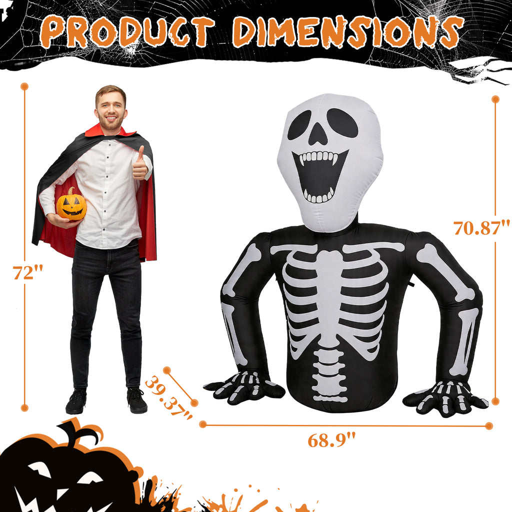 6 ft Inflatable Half Skull with 3 LED Lights, Black and Whit - view 1