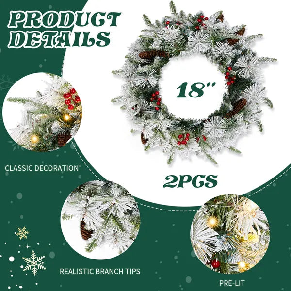 Pre-Lit Snow Flocked Christmas Wreaths 18 in 2-Pack, 60 Warm - view 5