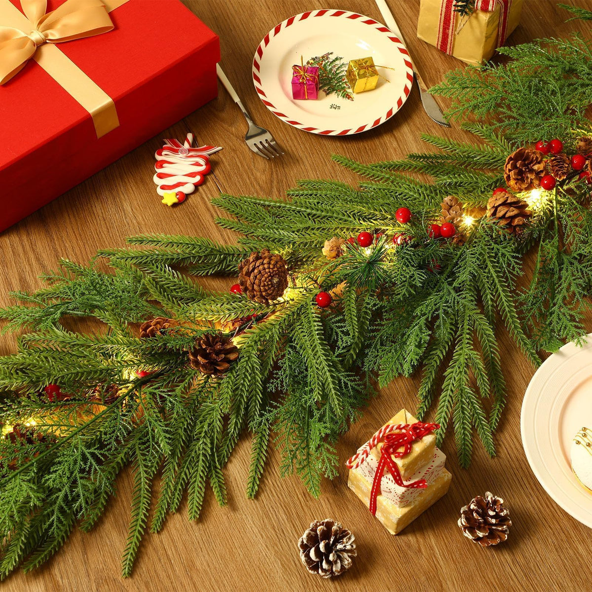 Lighted Norfolk Pine Garland 9 ft with Pinecones, Berries an - view 4