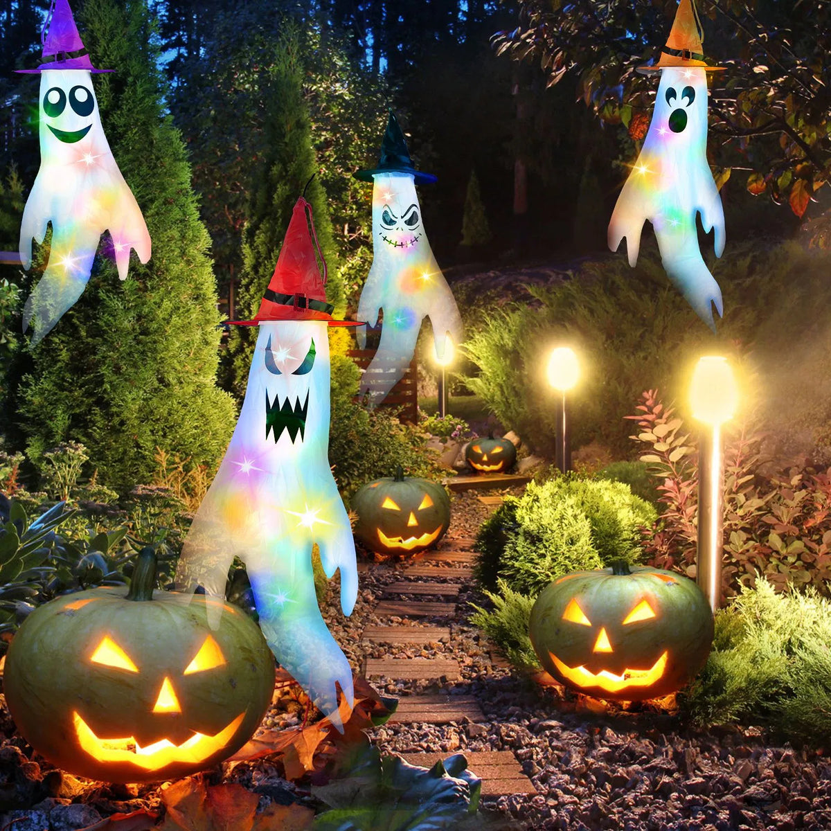 Halloween Hanging Decor Set, Ghost Windsocks, Witch Hats and - view 6
