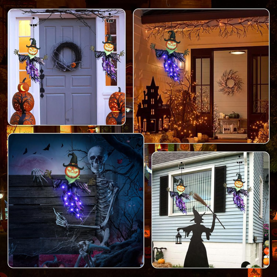 Solar Hanging Pumpkin Lantern with Glowing Eyes, Purple Meta - view 4