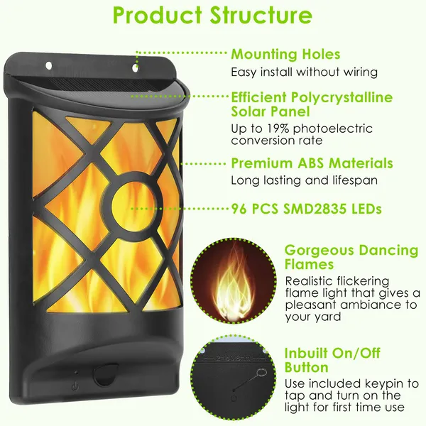 Solar Flickering Flame Wall Light, 96 LED Dancing Flame Outd - view 6