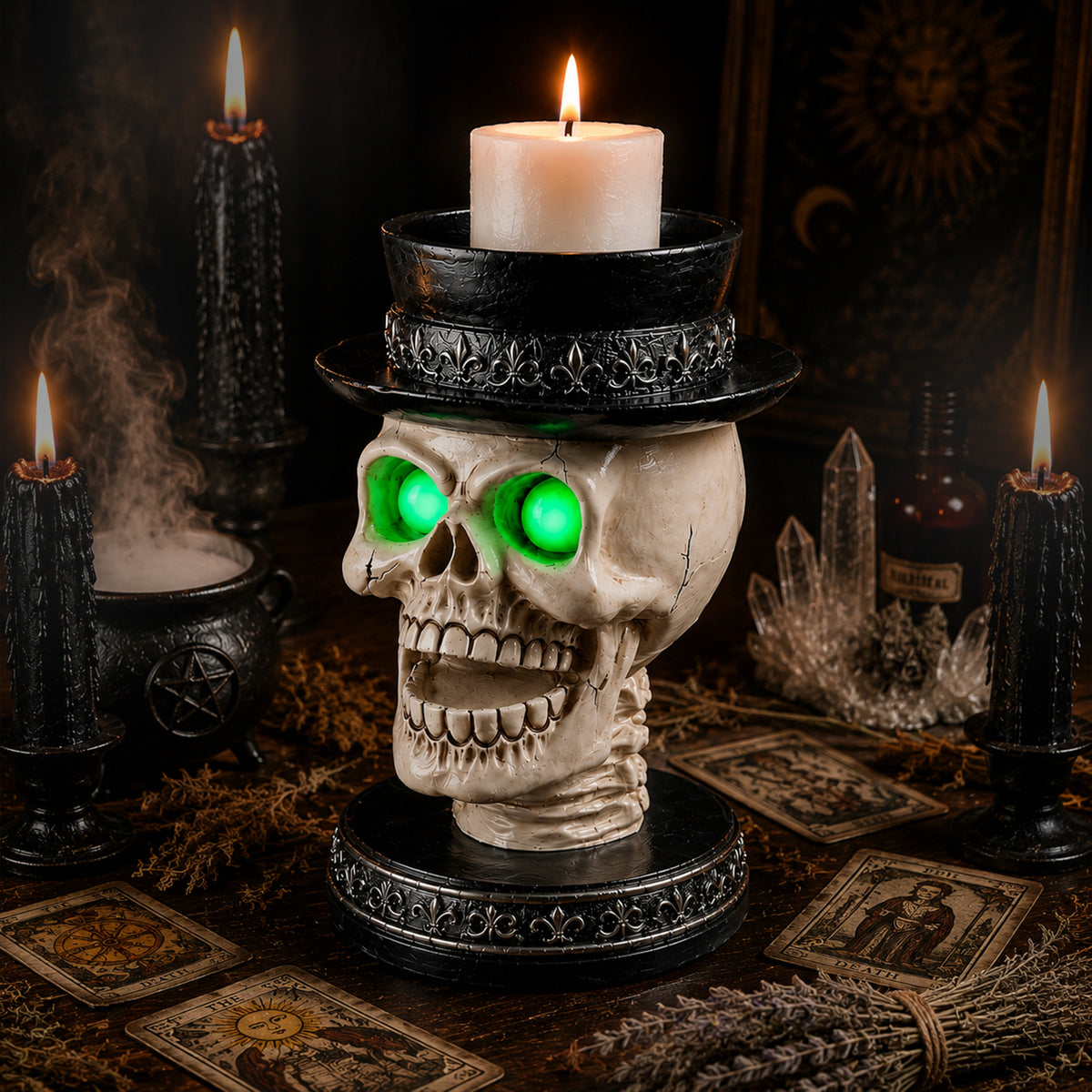 Skull Candle Holder with Glowing Green Eyes, Gothic Hallowee - view 5