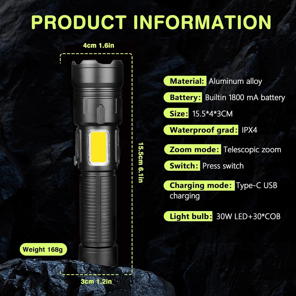 Zoomable Rechargeable LED Flashlight, 4 Modes, USB Charging, - view 4