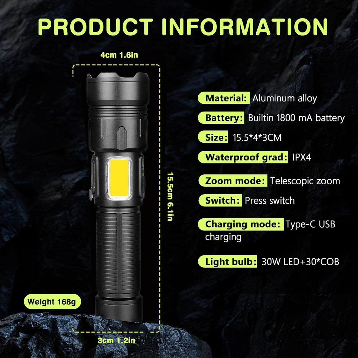 Zoomable Rechargeable LED Flashlight, 4 Modes, USB Charging, - view 4