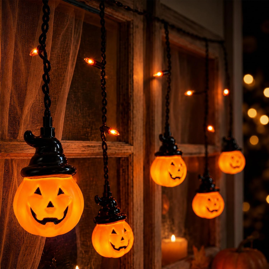 Pumpkin Curtain String Lights 25 LED, Plug-In Halloween Wind - view 4