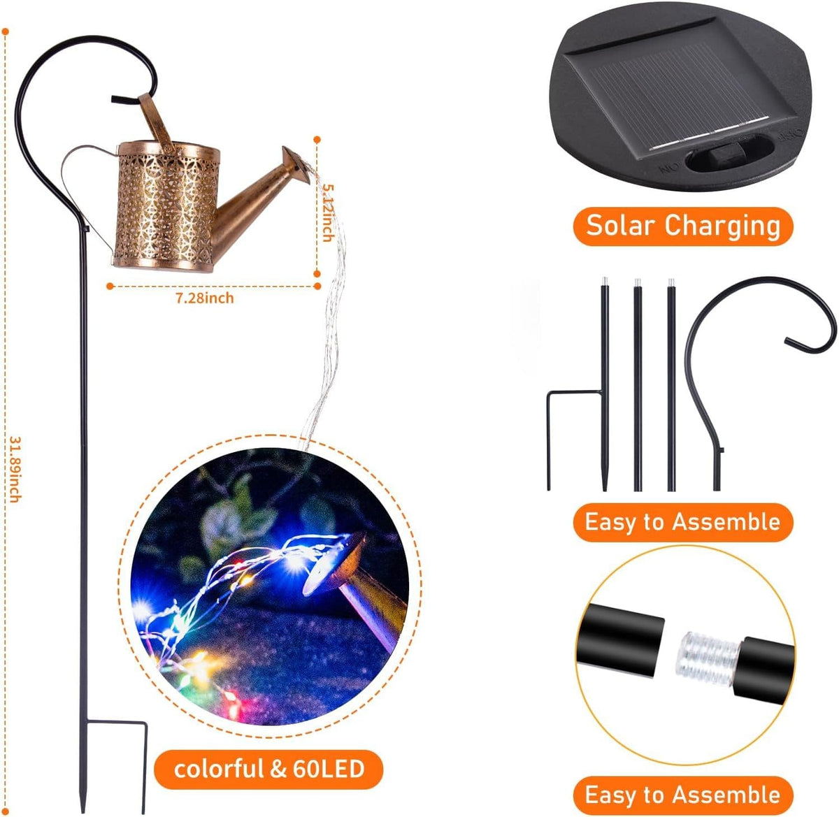 Solar Watering Can Cascading Lights with Hook, Color-Changin - view 6