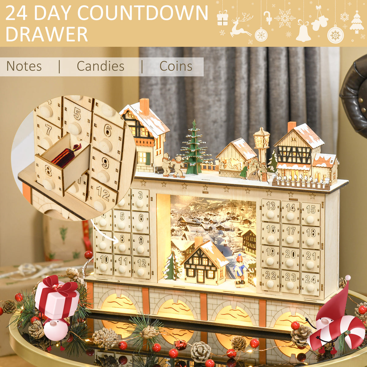 Light-Up Wooden Christmas Village Advent Calendar with Count - view 2