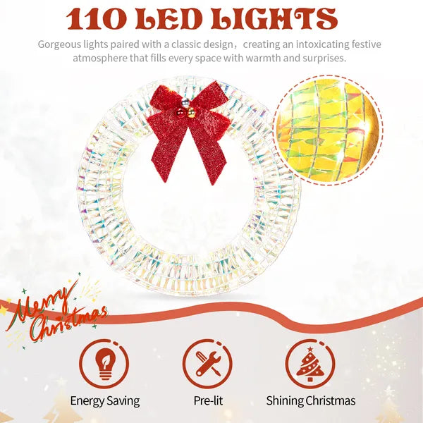 Pre-Lit Iridescent Metal Christmas Wreath 24 in with Red Bow - view 4