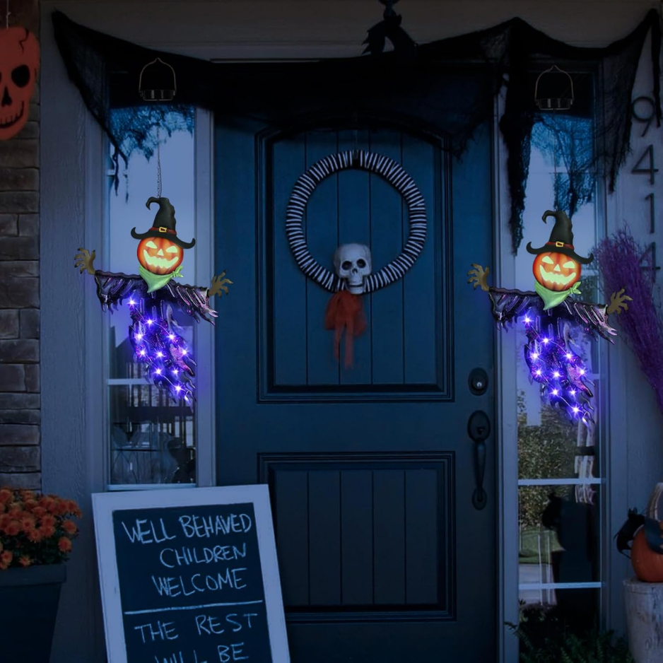 Solar Hanging Pumpkin Lantern with Glowing Eyes, Purple Meta - view 1