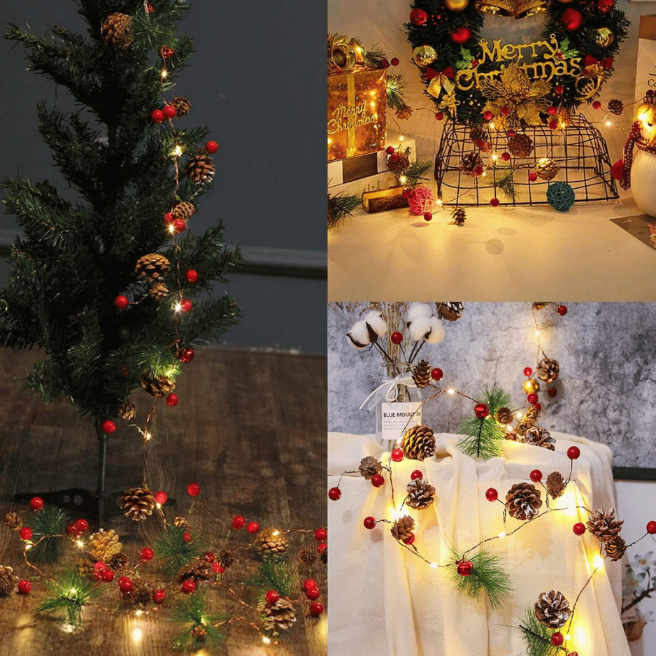 Lighted Christmas Garland 10 ft 30 LED with Pine Cones and R - view 2