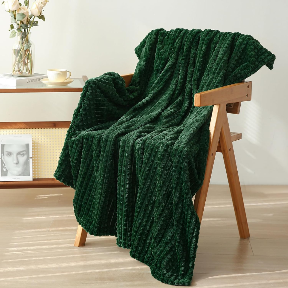 Dark Green Grid Fleece Throw Blanket 50x60 in, Soft Cozy Sof - view 4